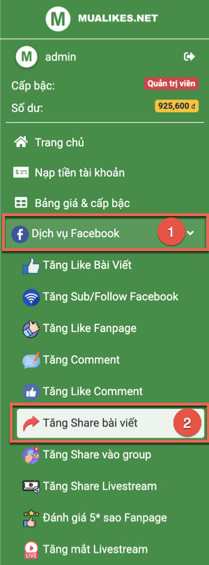 Chọn Tăng share bài viết