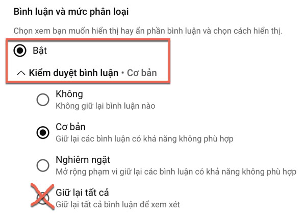 Tắt kiểm duyệt comment video youtube