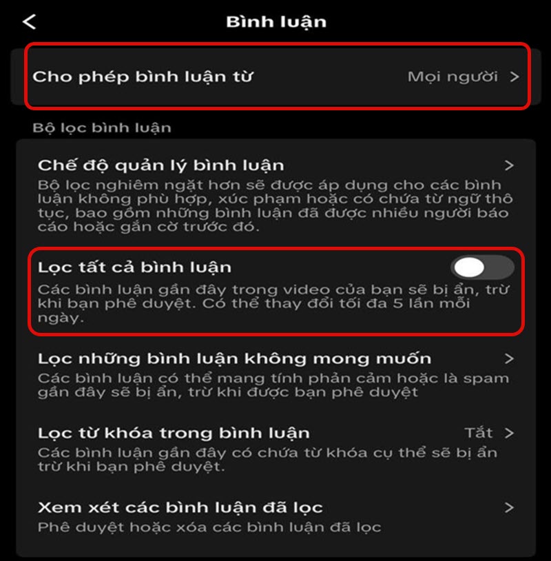 tắt lọc comment trên tiktok